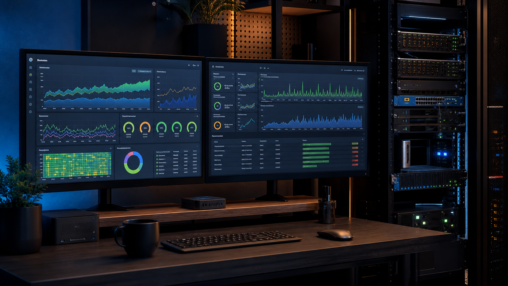 Home lab monitoring workstation with infrastructure dashboards beside a server rack