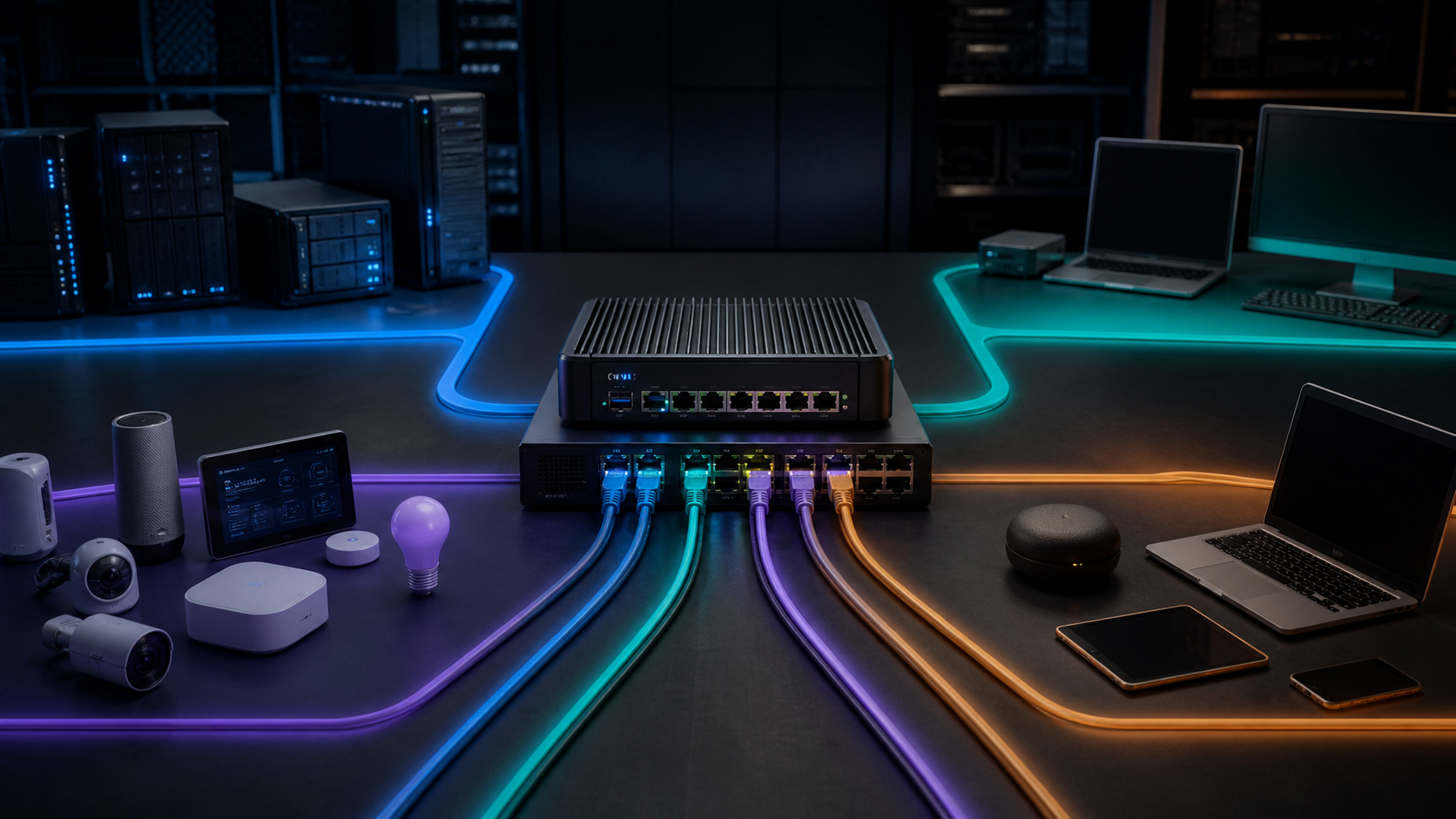 Firewall and managed switch separating a home lab into distinct illuminated network zones