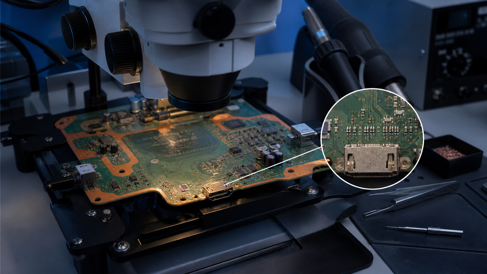 Game-console motherboard and HDMI signal path inspected under a repair microscope