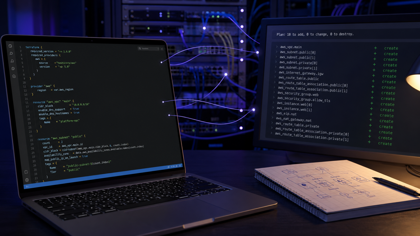 Infrastructure code and a reviewed deployment plan connected to a physical home lab