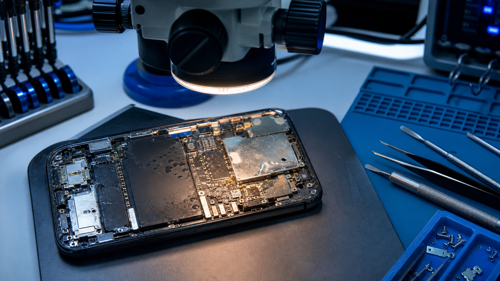 Liquid-damaged smartphone motherboard undergoing careful inspection before repair