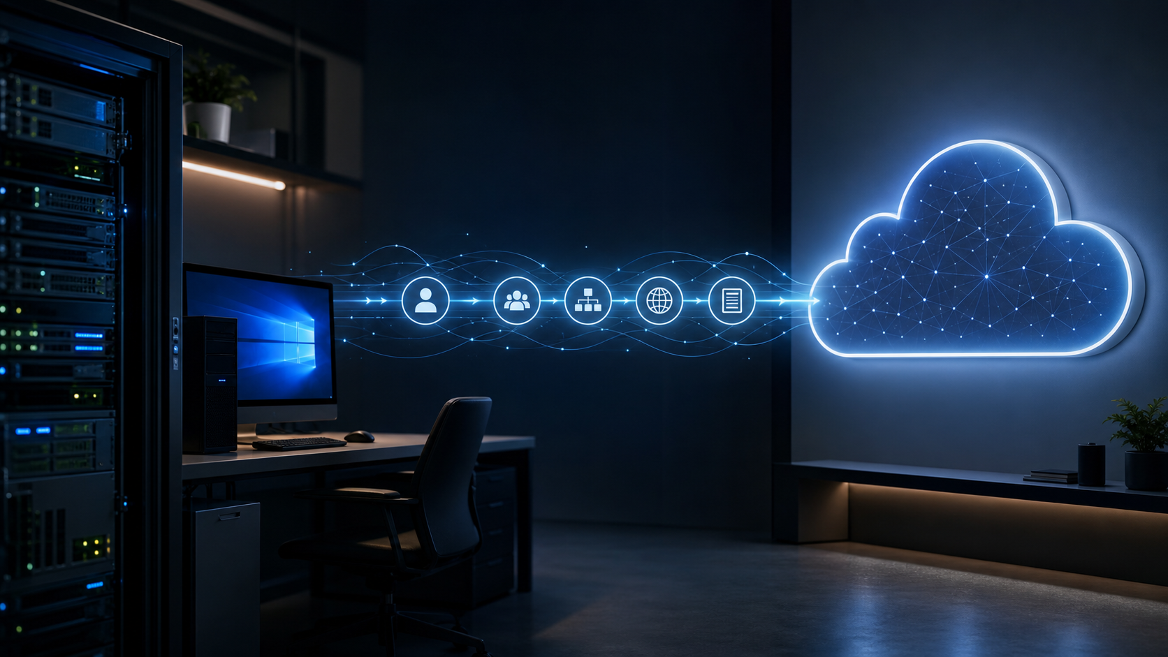 Windows Server home lab connected through an identity bridge to cloud services