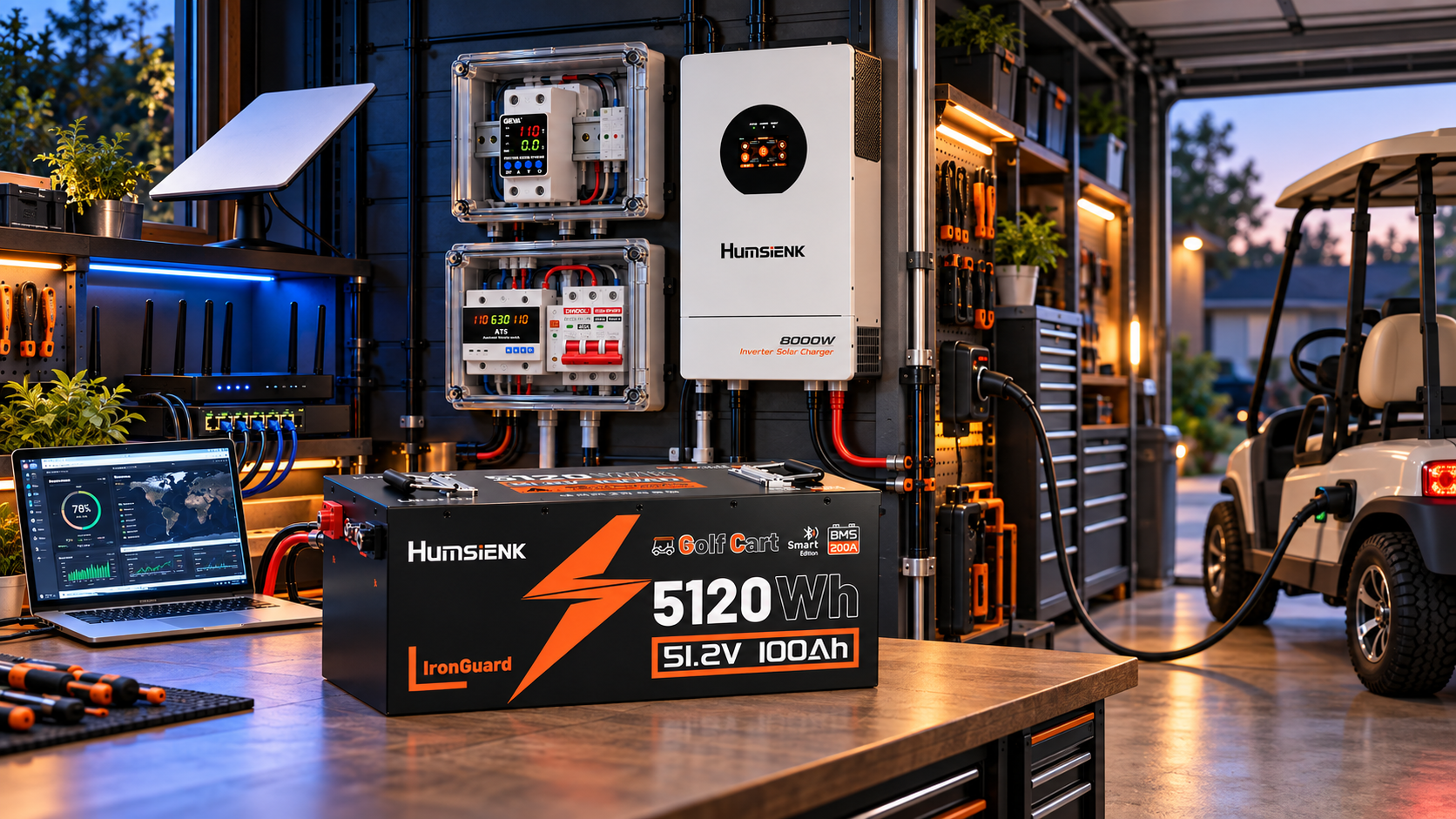 Humsienk 5.12 kWh golf cart battery beside an 8 kW inverter, protection boxes, networking equipment, and a connected golf cart