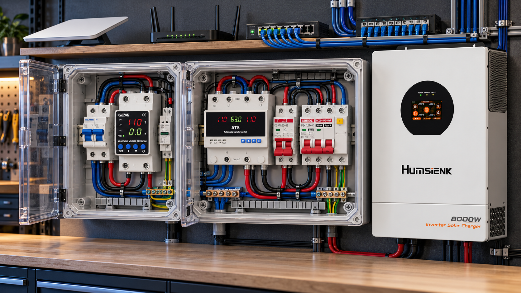 Vista cercana de las cajas transparentes de protección eléctrica junto al inversor Humsienk de 8 kW