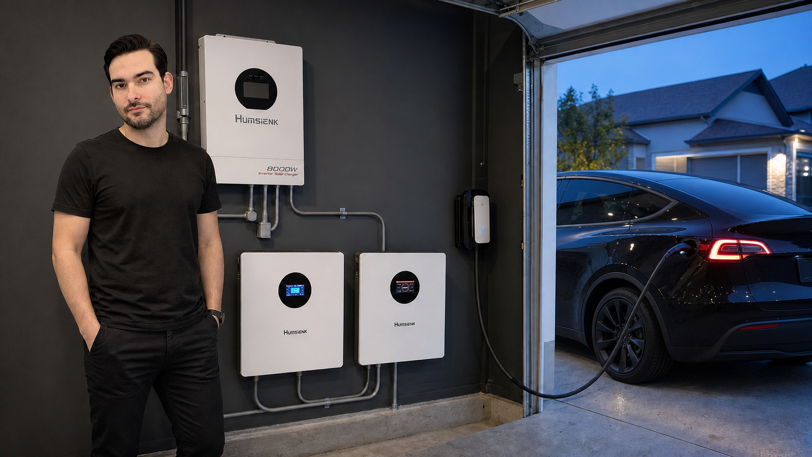 Luis beside a Humsienk 8 kW inverter and two wall batteries while a Tesla charges outside the garage