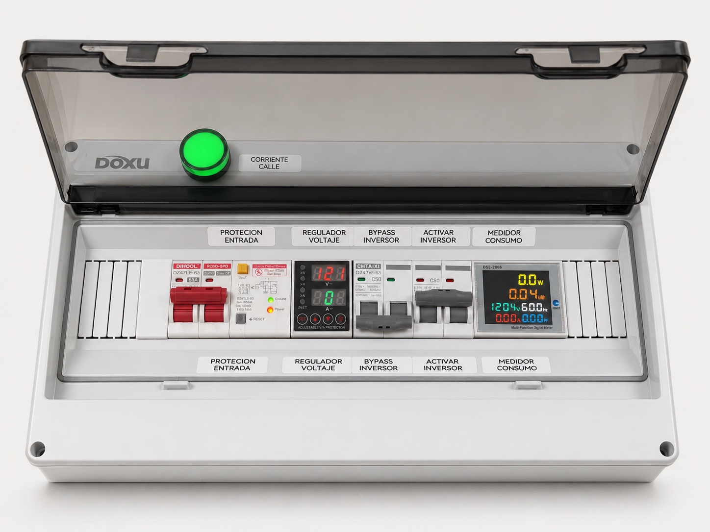 Open HV protection box showing breakers, voltage regulation, bypass, and consumption meter