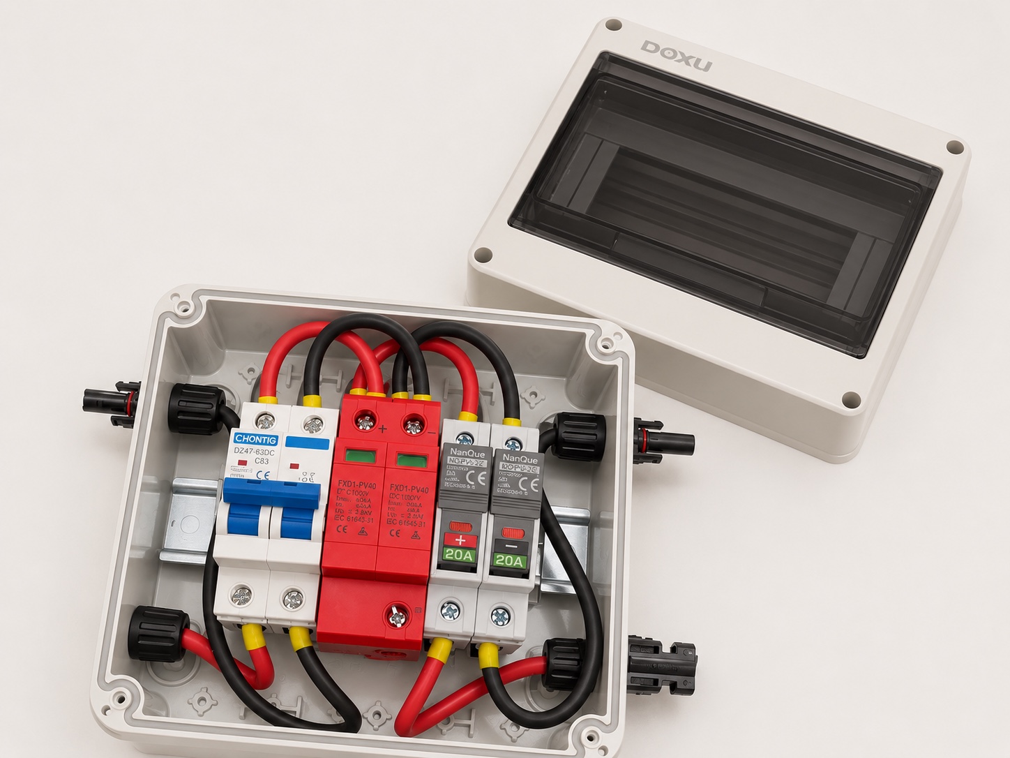 Open AMS Lab PV protection box with solar disconnects and surge protection